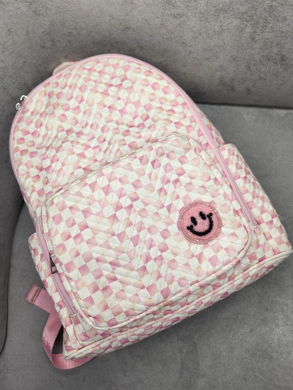 School Backpack Girls XL Pale Barbie Pink Quilted Checkered Smile Emoji Pastel